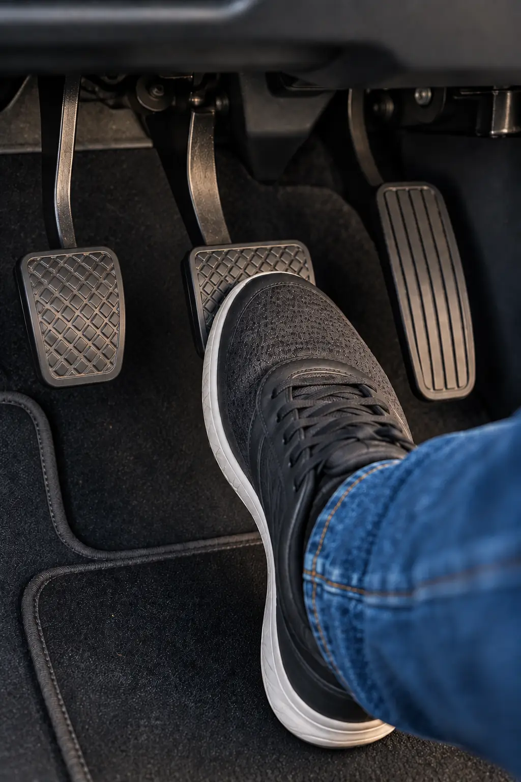 Driver pressing the brake pedal