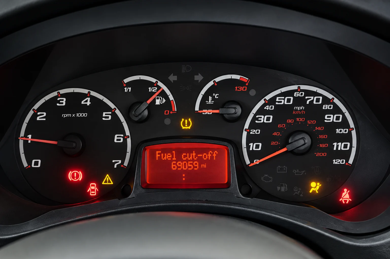 Ford Ka dashboard with engine warning lights on