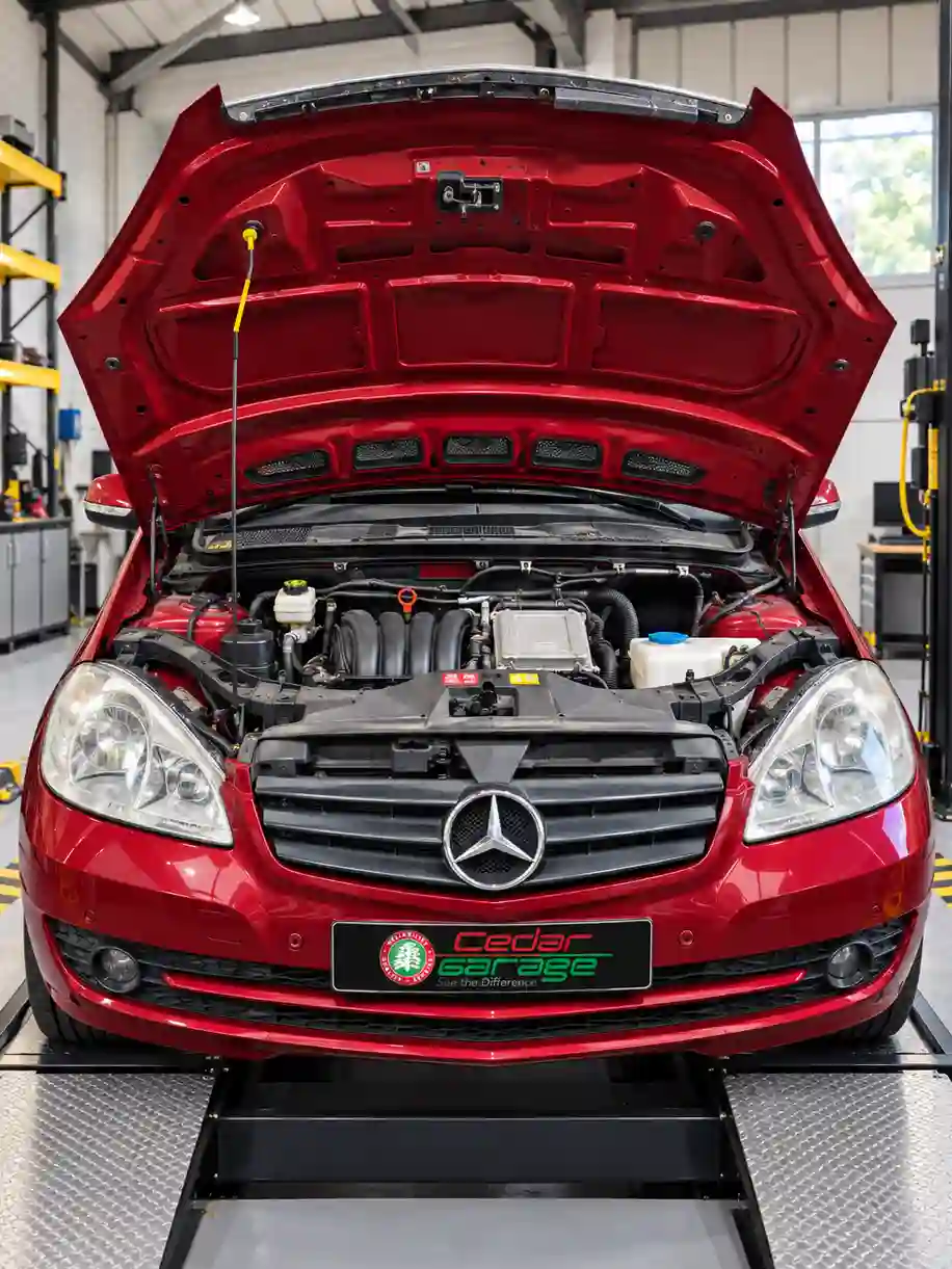 Mercedes-Benz with the bonnet open at our Sompting workshop