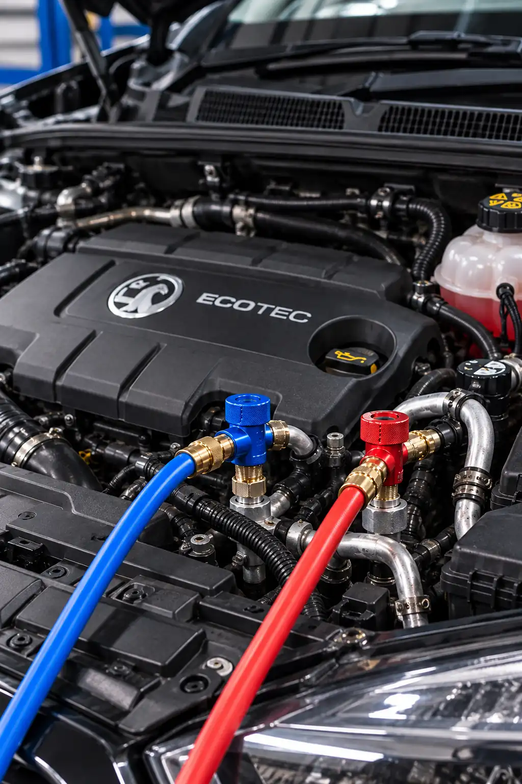 Air con service equipment connected to a car engine