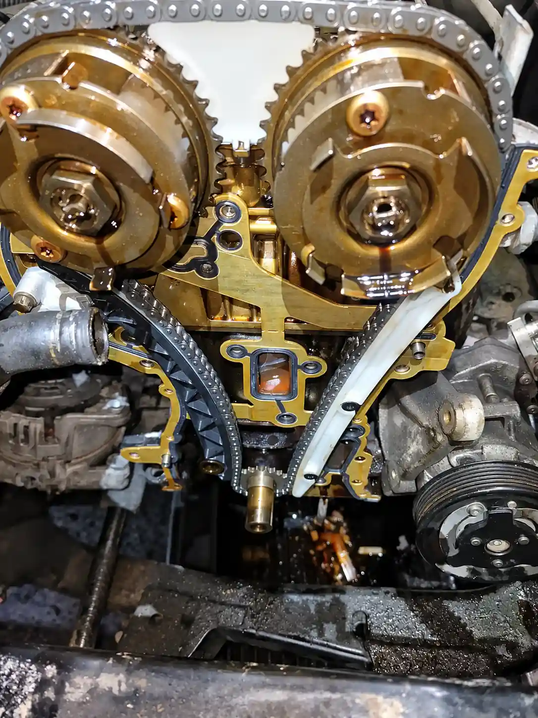 Timing belt and camshaft pulleys on a Vauxhall engine