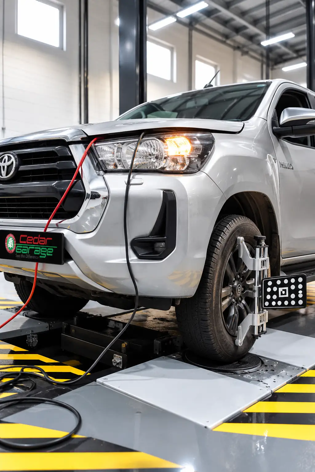 Pickup on the alignment ramp with wheel alignment clamps fitted at Cedar Garage